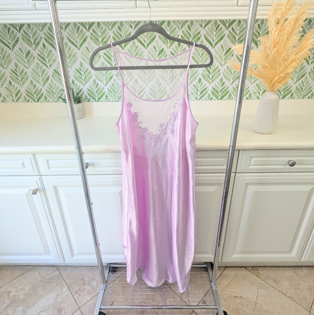 Cinema Etoile Lace-Accent Lavender Satin Slip Nightgown XL